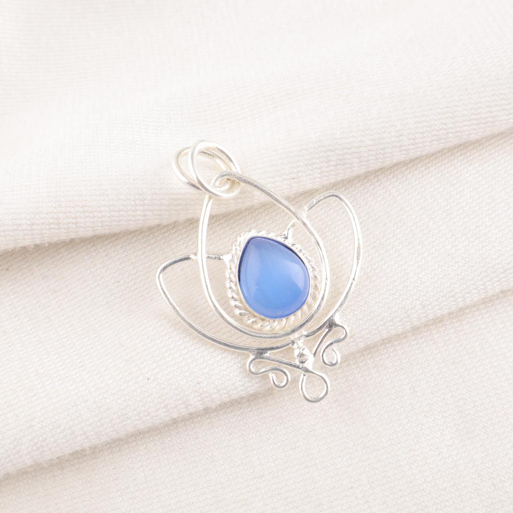 Dark Blue Cat's Eye Gemstone Pendant, 925 Solid Sterling Silver Jewelry, Handmade Designer Pendant Gift For Sister