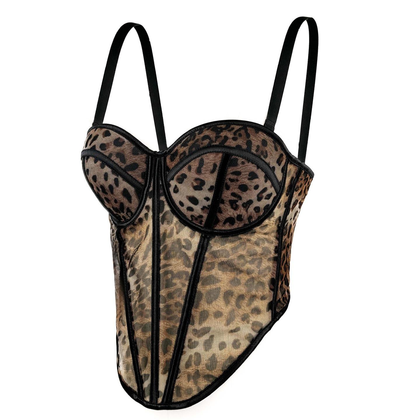 Sexy Leopard Spotted Splicing Bra Suspender Premium Feeling Mesh Lace Perspective Outside Fishbone Bra 36B/80