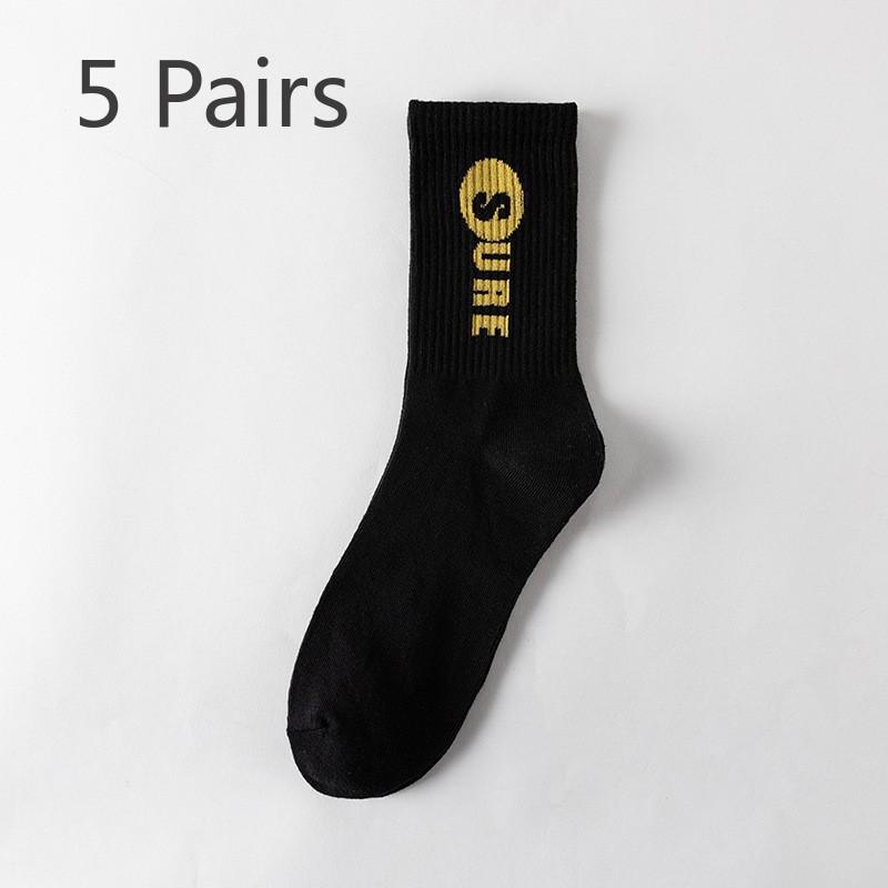 5 Pairs of Men's and Women's Spring Fashion Solid Color Sports Striped Mid Tube Cotton Socks
