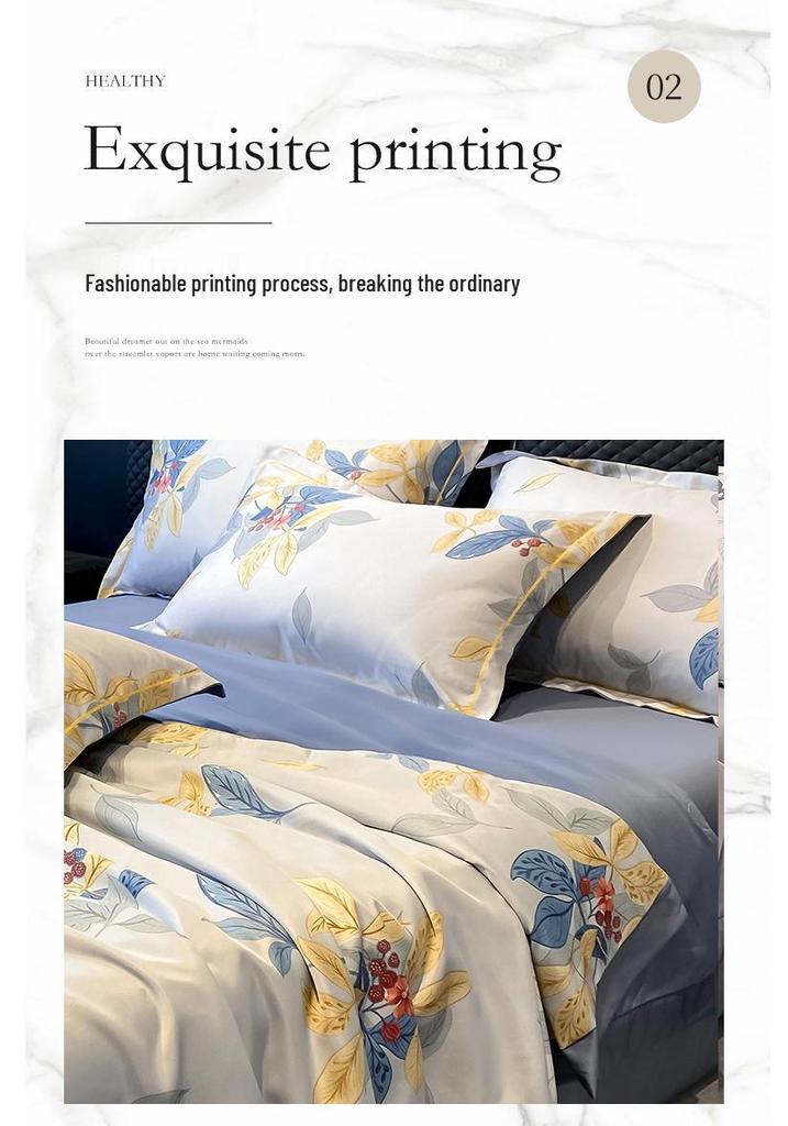Printed Tencel Summer Quilt 4-Piece Set - Cooling Ice Silk for Naked Sleep, Smooth Gift Quilt