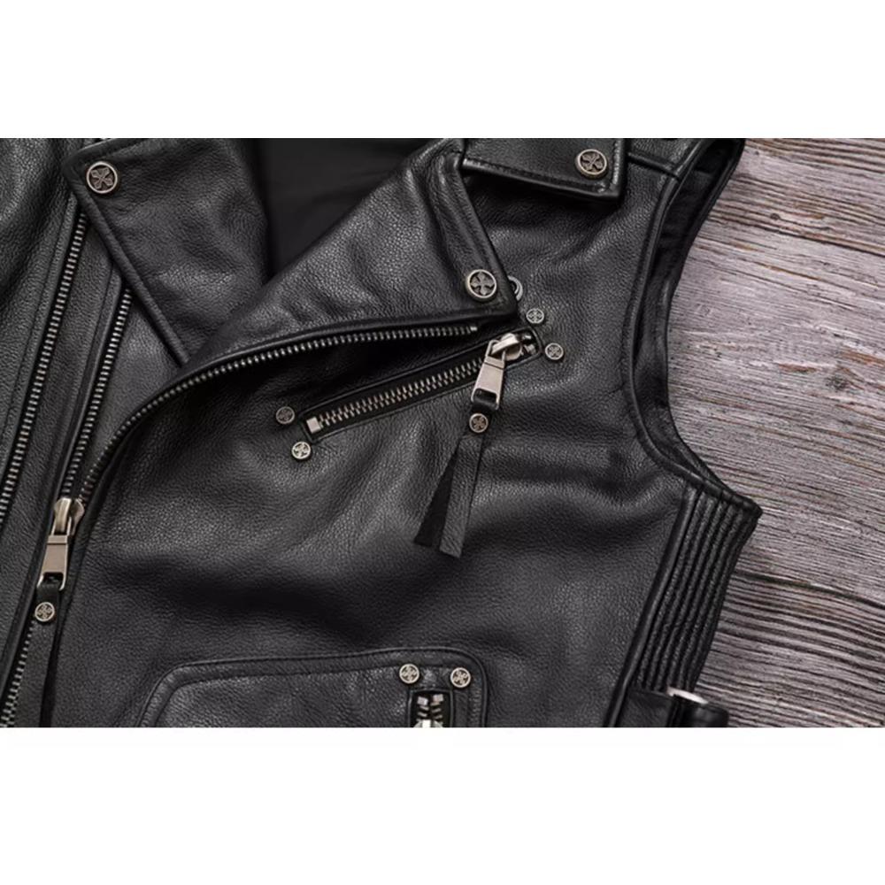 Chinese Size Biker Vest Top Layer Cowhide Leather Vest Men's Slim Short Motorcycle Clothing Riding Jacket Sleeveless Genuine Cow Club Vest
