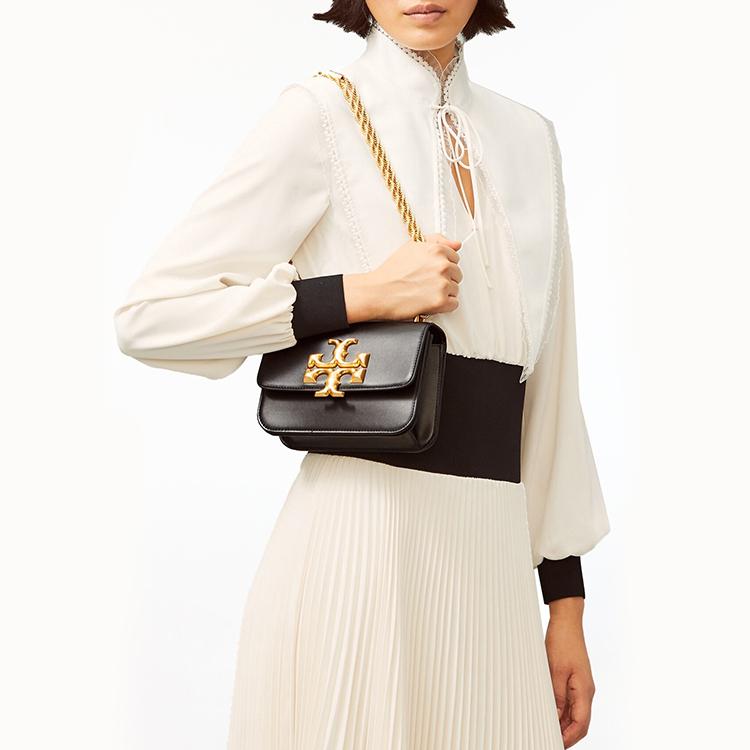 Tory Burch Eleanor 3D Brass Iconic Double T Logo Adjustable Metal Chain Strap Leather Small Square Crossbody Shoulder Bag Women Bags Black 73589-001