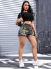 European & American Women's Camouflage Denim Shorts, Casual Comfort with Half Elastic Waistband for Summer.