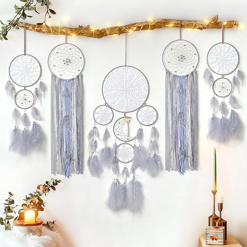 LOMOHOO 5 Pack Dream Catcher Moon and Sun Design Boho Wall Hanging Decor Handmade Traditional Feathers Dream Catchers for Kids Bedroom Living Home