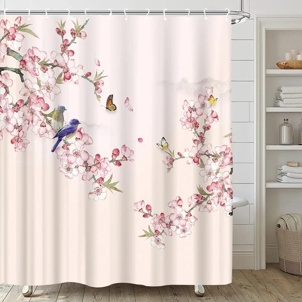 VIKAMA Pink Cherry Blossom Flower Shower Curtain - Cherry Blossom Style Country Bathroom Partition Curtain for Home Decoration
