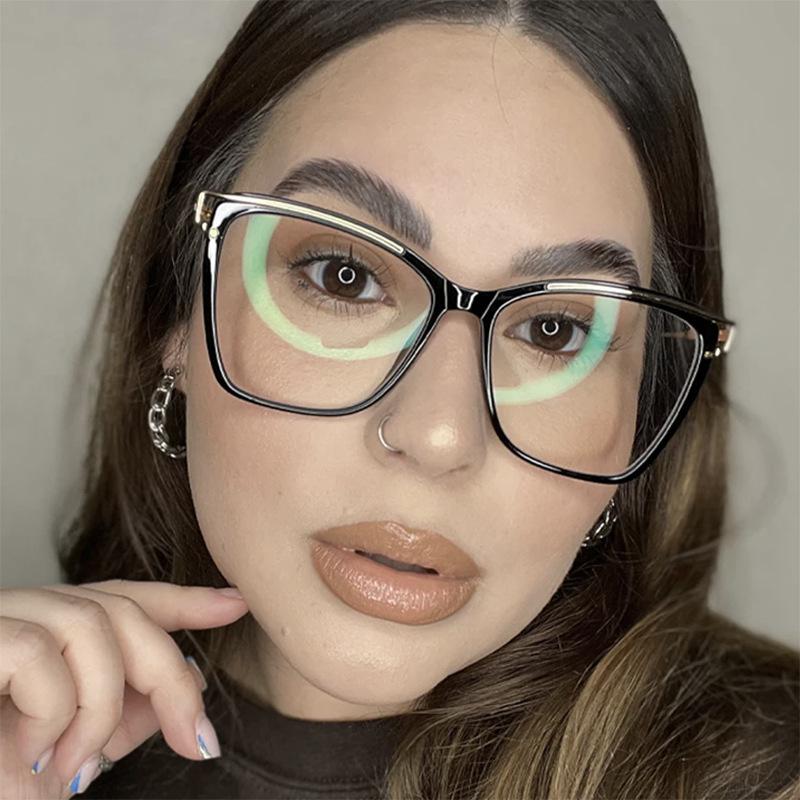 Women's metal large frame hollow TR90 glasses frame Fashionable personality plain makeup anti-blue light glasses