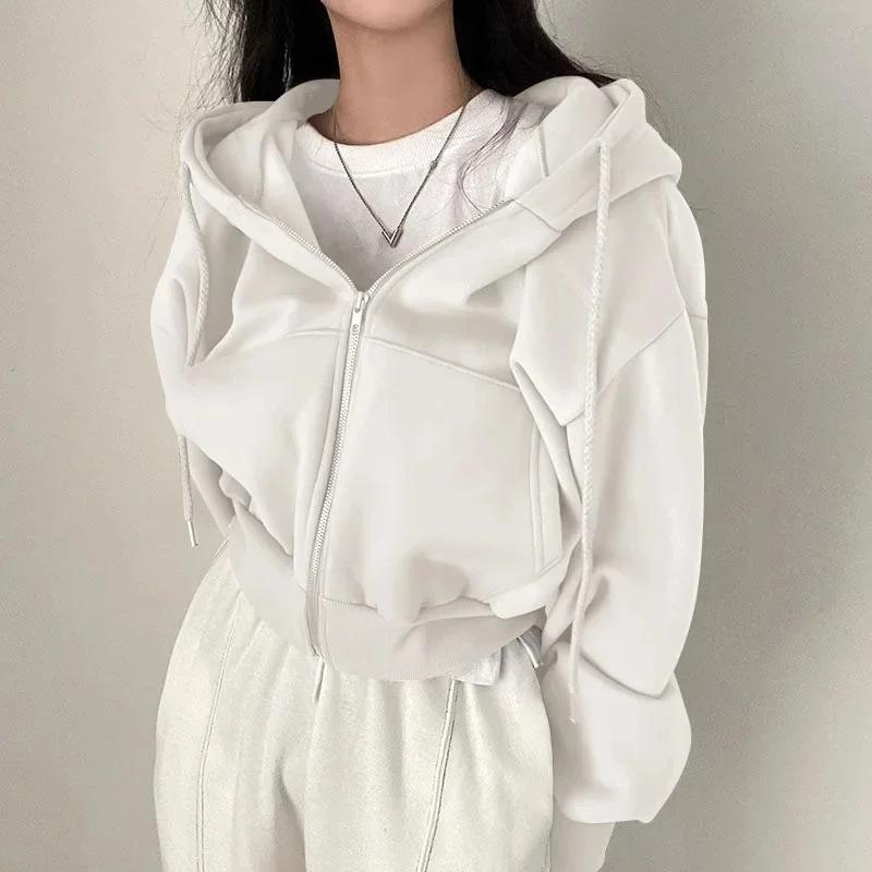Spring New Solid Color 350g Heavy Short Cardigan Sport Zipper Cardigan Womens Smooth Hoodie Solid Color Fashionable Short Hoodie