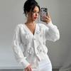 Womens Winter Solid Color Knit Cardigan With Bow Detail V-Neck Short Cropped Sweater