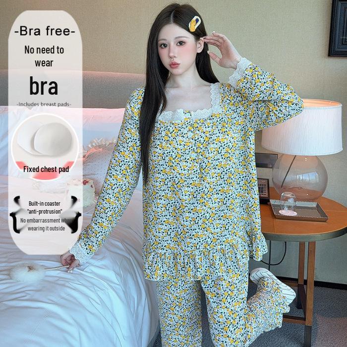 Yellow Sweet Princess Long Pajamas with Chest Pad - Korean Cloud Cotton, Plus Size, Spring/Autumn Style