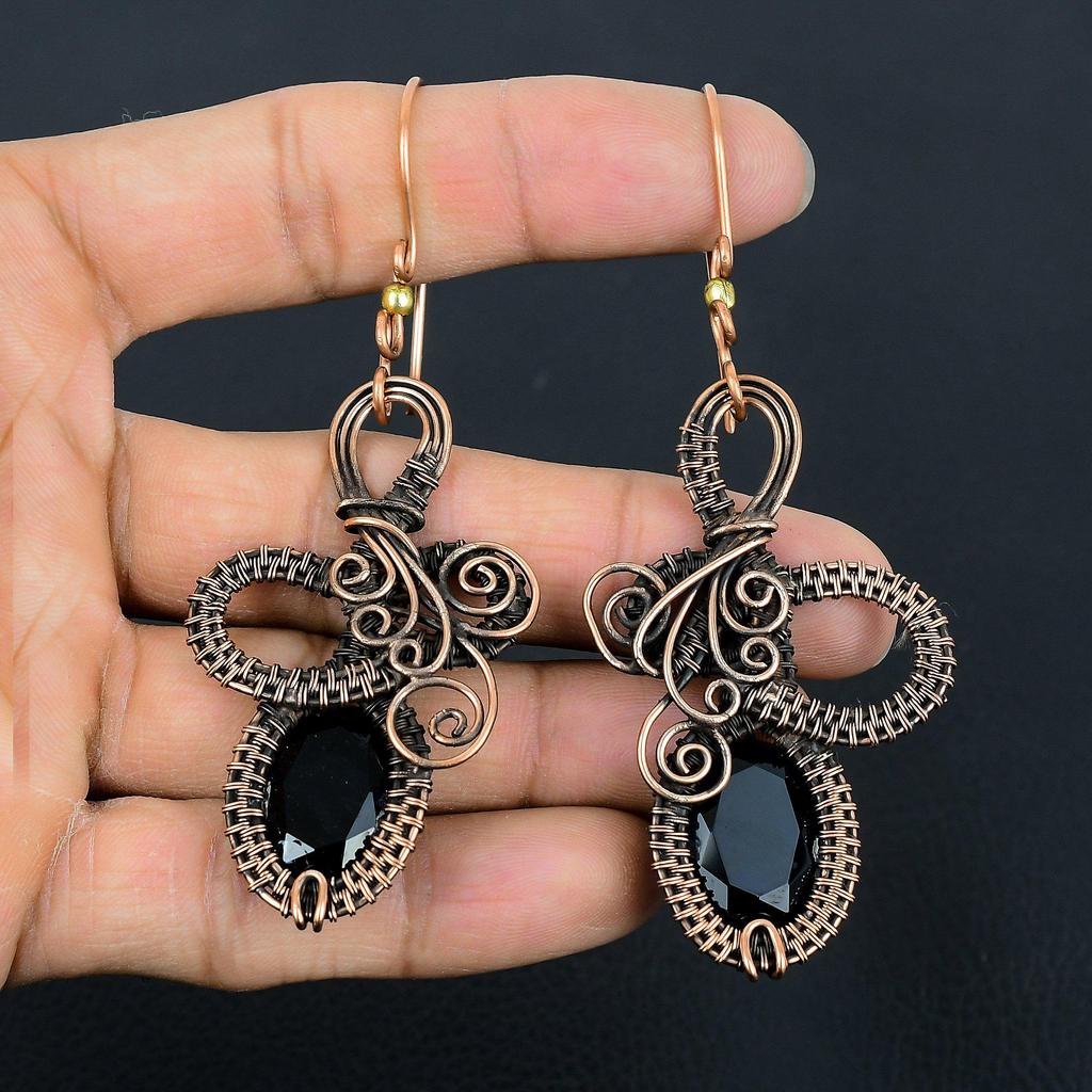 Black Onyx 999 Copper Wire Wrapped Earrings, Handmade Gemstone Earrings Jewelry, Gifts For Wife Brand New Earrings