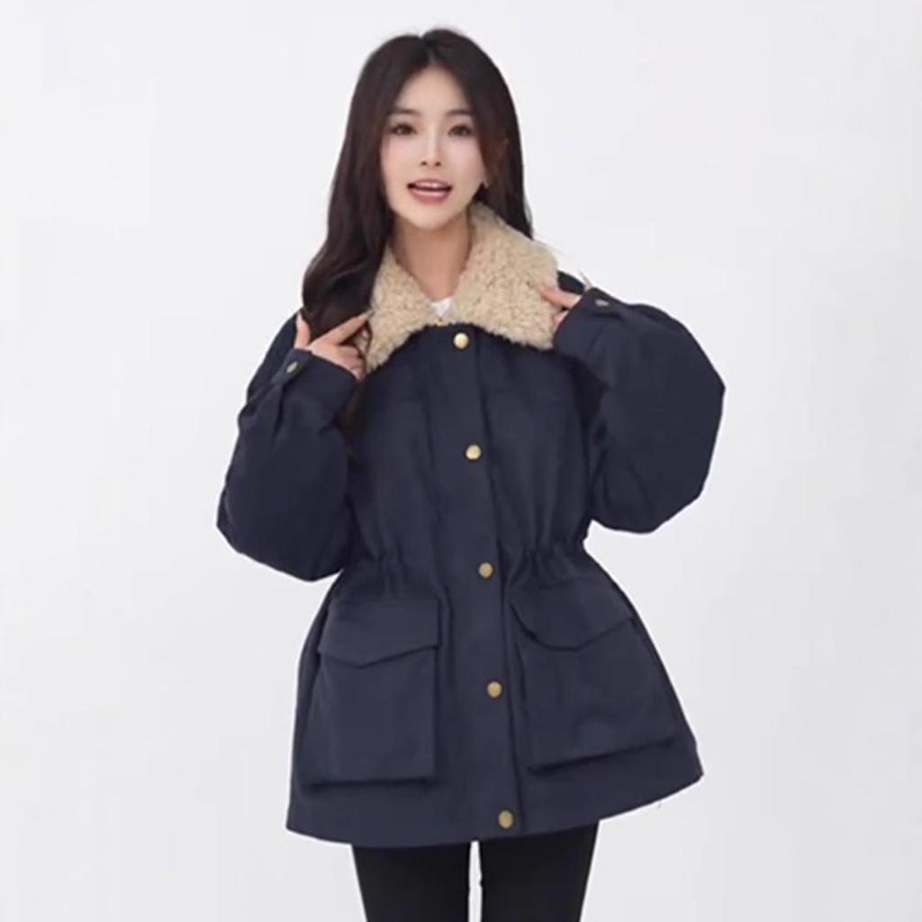 2024 Petite Women's Korean Style Patchwork Lambswool Cotton Parka - Casual, Versatile, and Thickened for Autumn/Winter