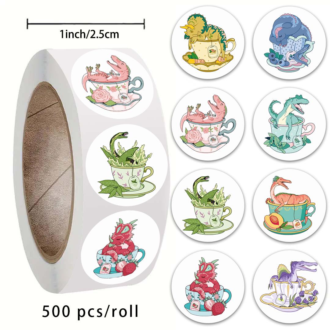 500-Sheet Roll of Cute Cartoon Dinosaur and Tea Cup Stickers for Kids - Reward Gifts and Decorative Adhesive Labels