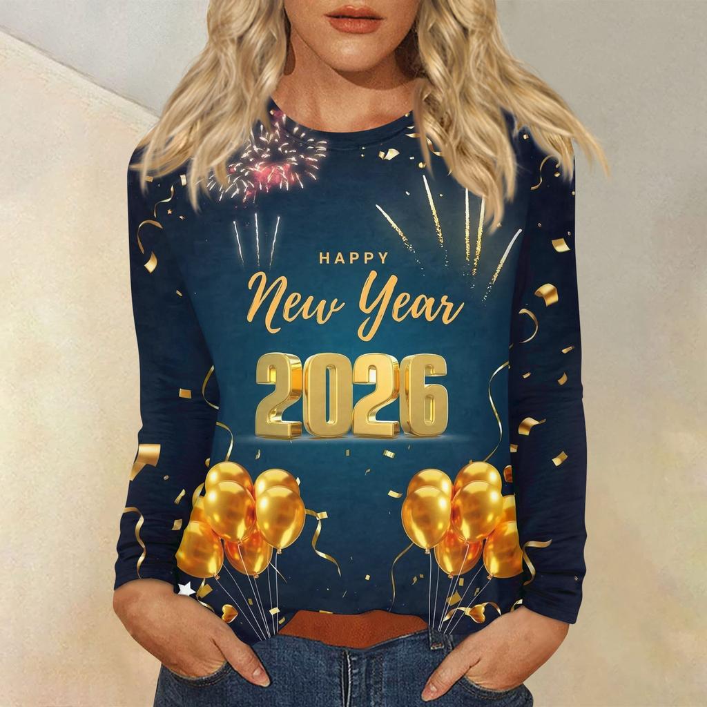 Women's Loose Comfortable Casual Fashion Round Neck New Year Printed Long Sleeve Top