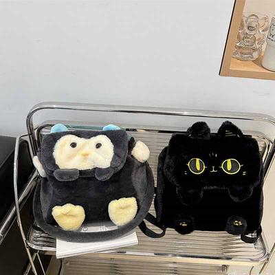 Nuova Borsa a Spalla Peluche Cartone Animato Gatto Nero Pinguino Carina Versatile Studenti Grande Capacità Zaini in Peluche Animali