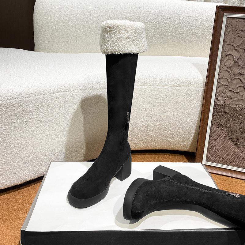 

Ботфорты, высокие сапоги, женские сапоги, зимние новые высокие голенища, длинные голенища, толстая подошва, эластичный толстый каблук из овечьей шерсти, сапоги на наборном каблуке 39