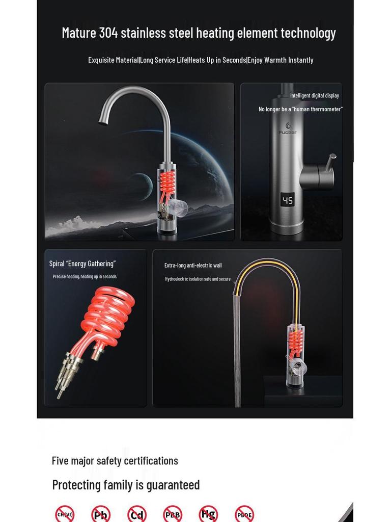 Instant Hot Water Faucet: 304 Stainless Steel, Intelligent Temperature Control, 3-Second Heating, Dual Cold & Hot Use, Digital Display