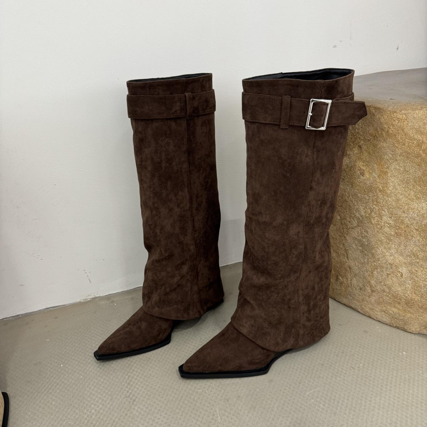 

Wedge Heel High Heel Pointed Suede Pile Boots Medium Knight Boots Women s Shoes 2025 Autumn and Winter Skinny Long Boots 39