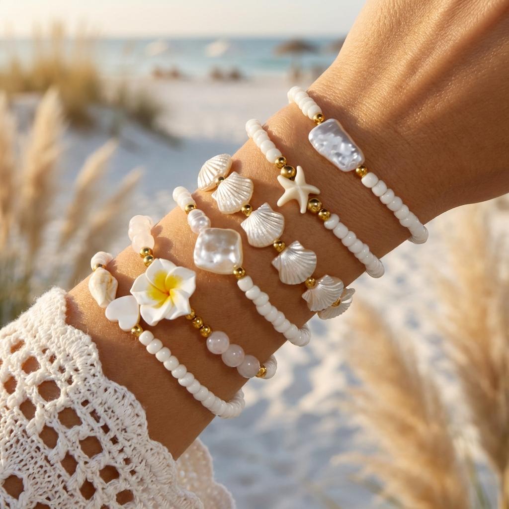 Boho-Mehrlagen-Perlenarmband-Set für Damen Sommer Ozean Strand Seestern Muschel Anhänger Elastische Armreifen Urlaubs Schmuck