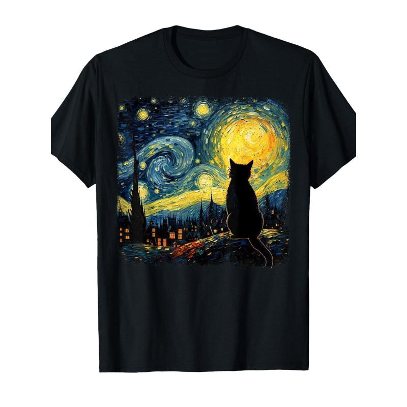 Men'S Van Gogh Starry Night Cat Art T-Shirt - Black Crew Neck Short Sleeve Tee with Van Gogh'S Iconic Painting & Cat Silhouette, Casual Comfortable