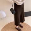 Petite Coffee Wool Midi Skirt for Women - High-Waisted, Slim Fit, Bodycon, A-Line, Raccoon Fur Trim, Perfect for Autumn/Winter