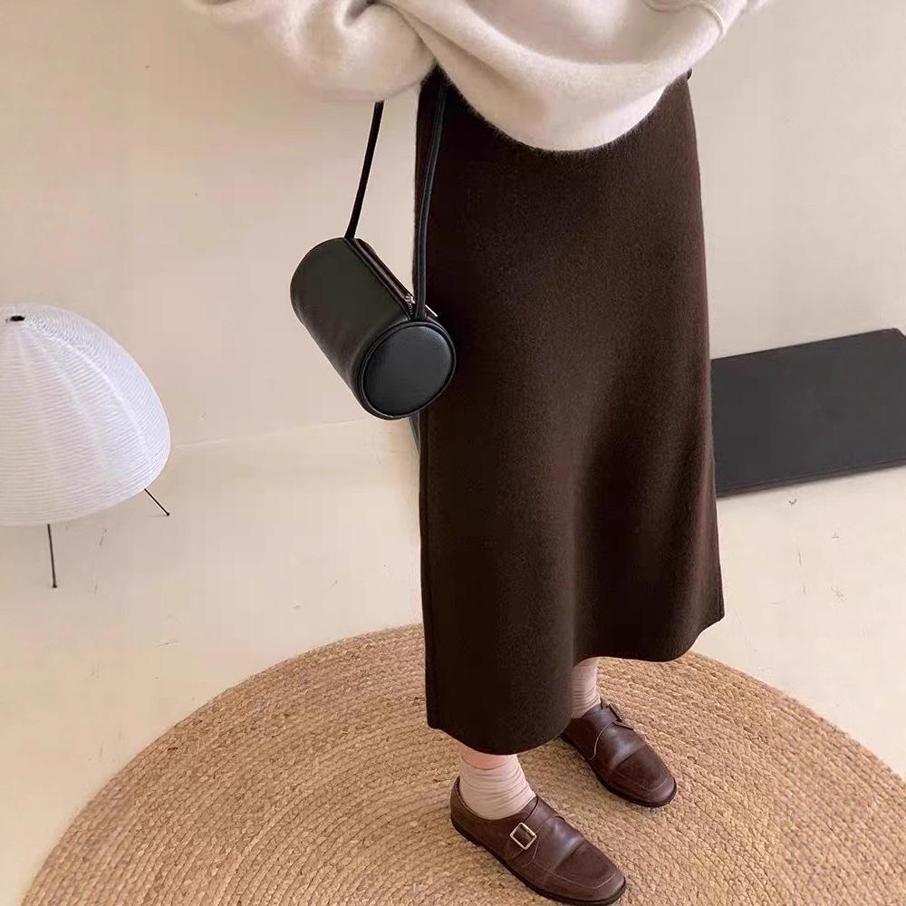 Petite Coffee Wool Midi Skirt for Women - High-Waisted, Slim Fit, Bodycon, A-Line, Raccoon Fur Trim, Perfect for Autumn/Winter