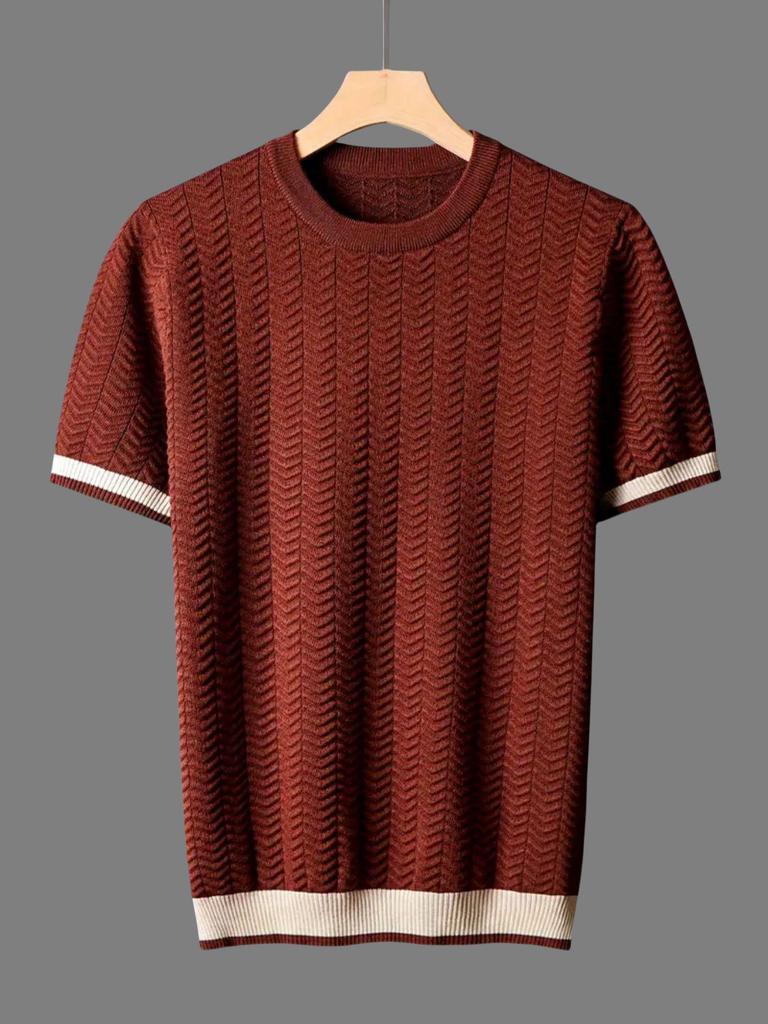 Italian Color-Block Men's Knit: Breathable Jacquard Texture, Loose Fit, Contrast Color, Round Neck, Short Sleeve.