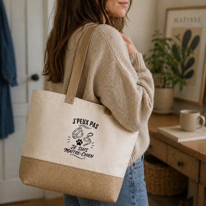 Sac J’peux pas je suis Maître-chien J'peux pas minimaliste | Cabas en Coton avec Fond Jute 18 L 48 × 37 × 13 cm | Marché Shopping