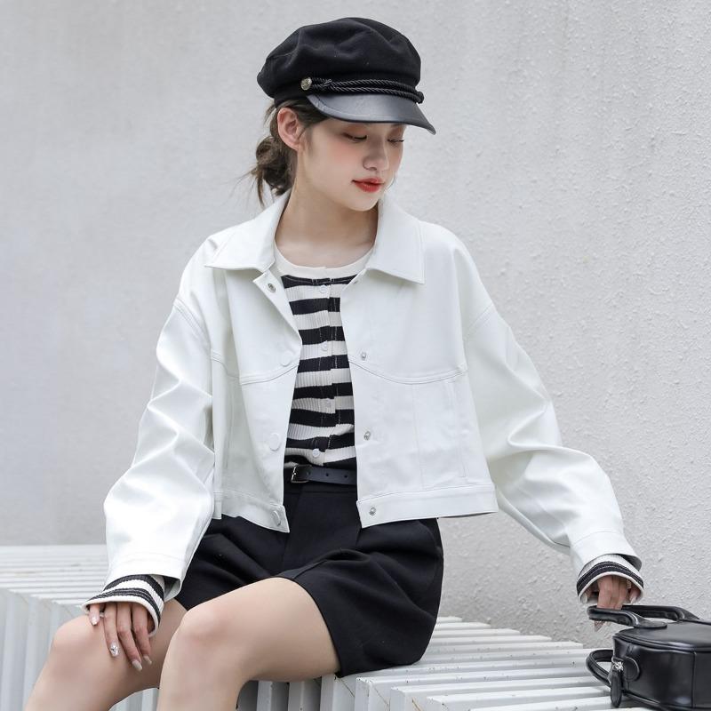 Módní volná dámská krátká bunda z umělé kůže - vintage kabát v korejském stylu