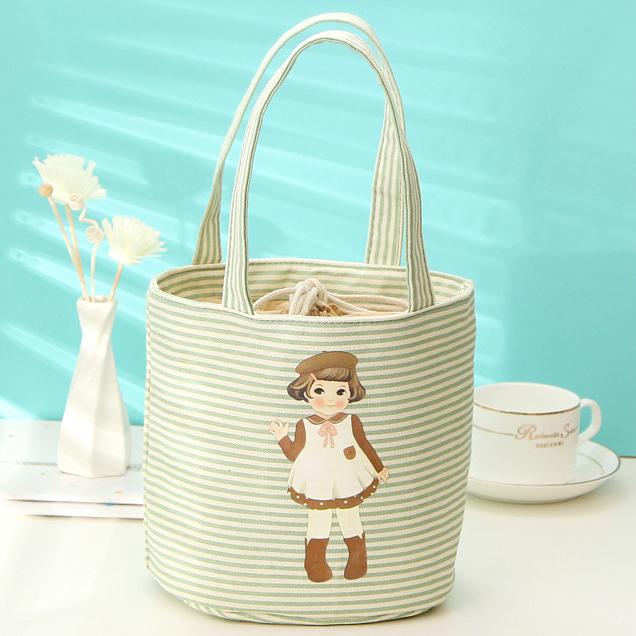 Cute Girl Cylindrical Lunch Bag Students Round Lunch Box Bag Waterproof Insulation Circular Drawstring Food Thermal Cooler Tote