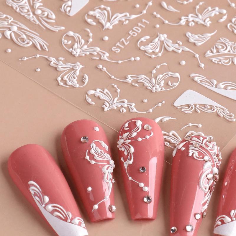 1pc Matte Finish White Lace Flower Nail Art Stickers, Rectangle Embossed French Nail Decals with Embroidered Effect
