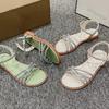 Fashion Women Shoes 2025 New Summer Fashion Rhinestone Flat Sandal Lightweight Buckle Strap Roman Sandal Outdoor Soft Bottom Beach Shoes