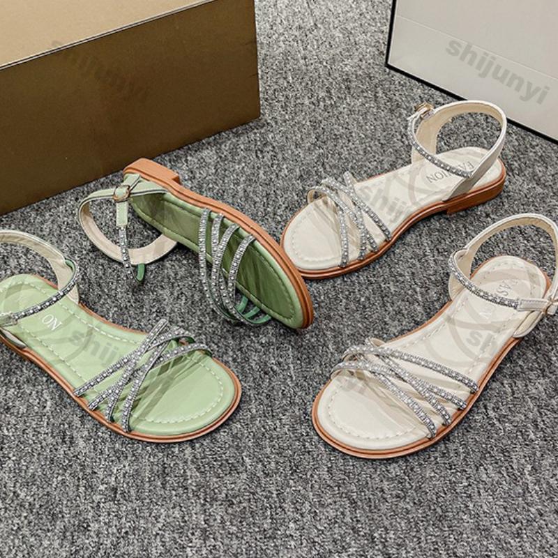 Modne Damskie Buty 2025 Nowe Letnie Modne Płaskie Sandały z Cyrkoniami Lekkie Zapinane na Klamrę Sandały Rzymskie Outdoor Miękka Podeszwa Buty na Plażę