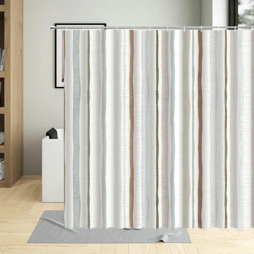 Geometric Lines Shower Curtain Colorful Stripe Printing Waterproof Bathroom Decor Polyester Fabric Curtains With 12 Pcs Hooks