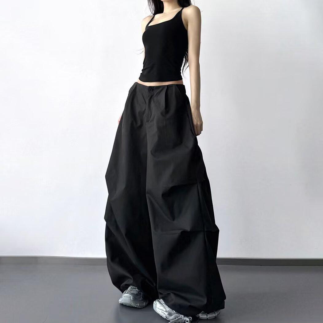 2026 Early Spring Women s High-Waisted Gray Wide-Leg Parachute Pants - Casual, Loose, Slimming, Straight Cut. S чёрный