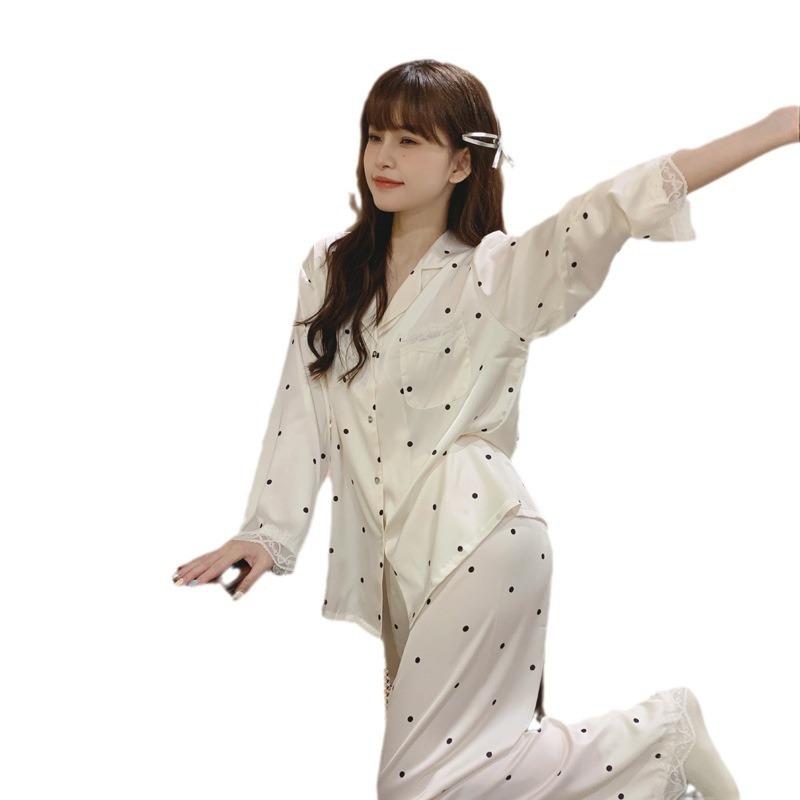Spring and Autumn Ice Silk Pajamas Women's 1011 Polka Dot Simulation Silk Sweet and Cute Lace Loungewear Set