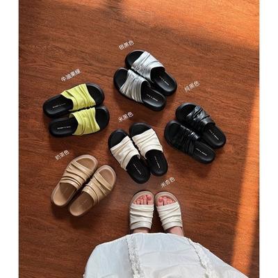 Soft Leather Version Pleated Soft Leather One-word Platform Slippers Women Summer Wear One-pedal Lazy Shoes Seaside Vacation Beach Shoes