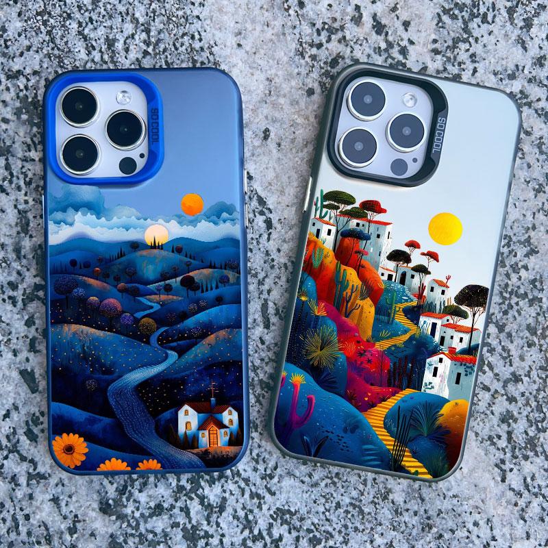 Yellow Sunset Mountain Phone Case For iPhone 15 14 Plus 14 15 11 12 13 Pro Max Mini Natural Scenery Shockproof Matte Laser Cover
