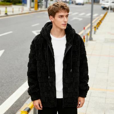 Men Plush Hooded Jacket Fuzzy Full-Zip Casual Hoodie Solid Color Checkered Warm Winter Coat for Street School Party Wear