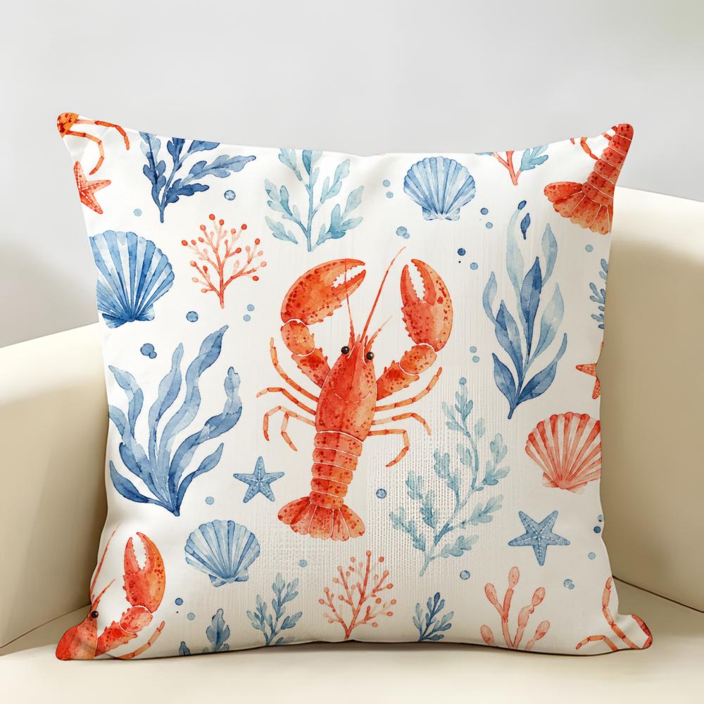 Blue White Red Ocean Animals Cushion Cover Natural Linen Organic Fabric Double-Sided Printing Breathable Perfect For Home Decor