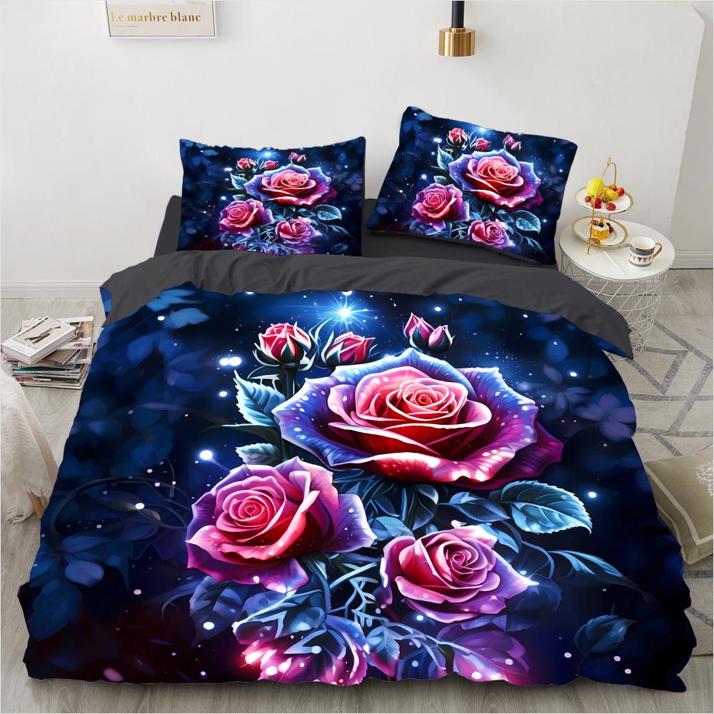 Colorful Rose 3D Printed Pattern 3pcs Single Double Queen Quilt Cover Pillowcase Bedding Set