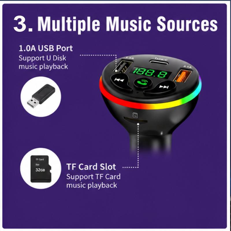 Bluetooth 5.0 FM Transmitter Car Charger 66W 3 Ports Fast Charging Car MP3 Player Handsfree Call RGB Light TF U Disk Car Voltage Detector