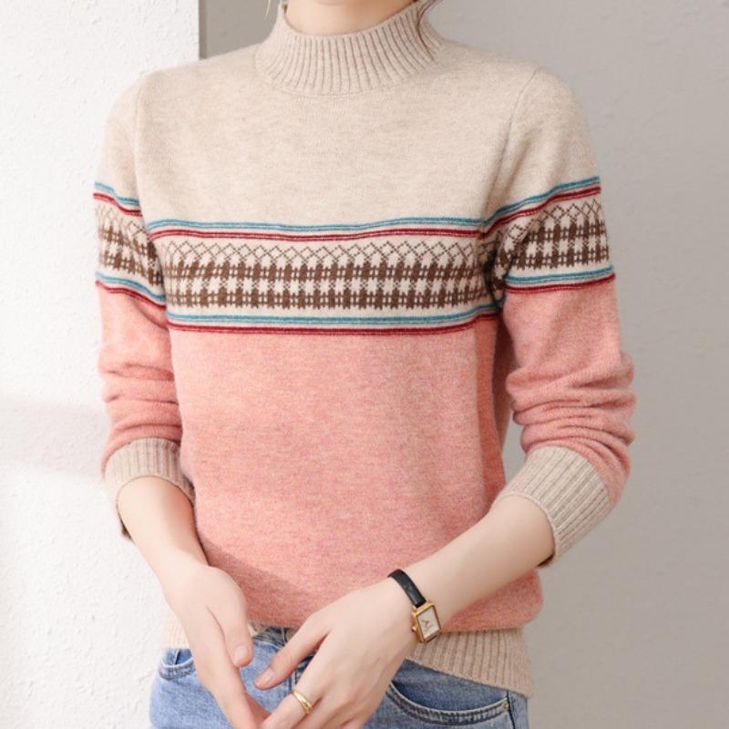 Design Sense Color Matching Autumn and Winter Loose Long-sleeved Inner Top Semi-turtleneck Sweater Temperament Base Knitted Sweater Women