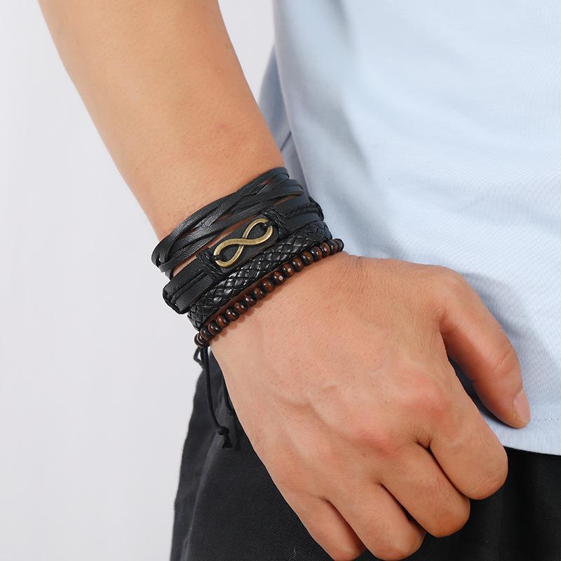 Trendy Infinity Wood Bead & PU Leather Bracelet Set: Retro Multi-Layer Artistic Jewelry