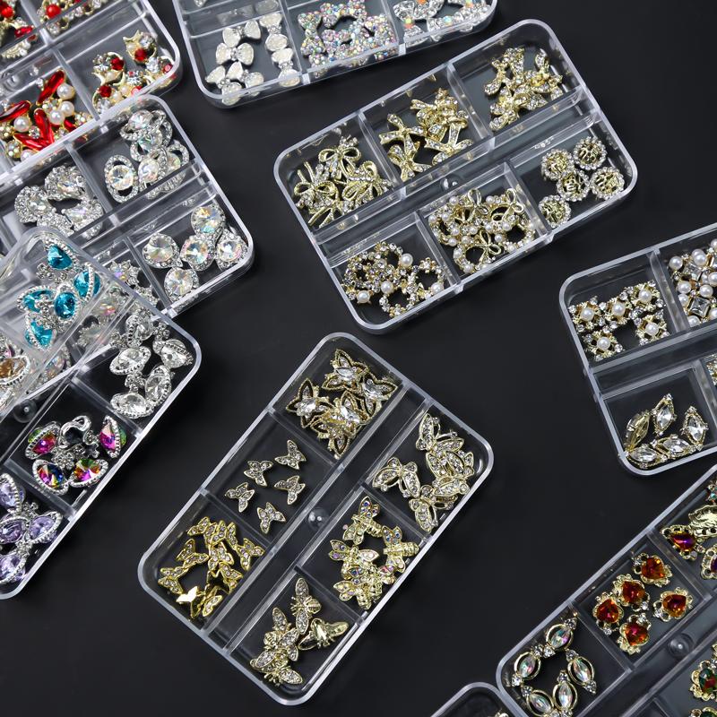 1Box Mix Stile 3D Luxus Schmuck Nail art Strass Edelsteine Gold Metall Legierung Schmetterling Nagel Charms DIY Glänzende Diamant Dekorationen