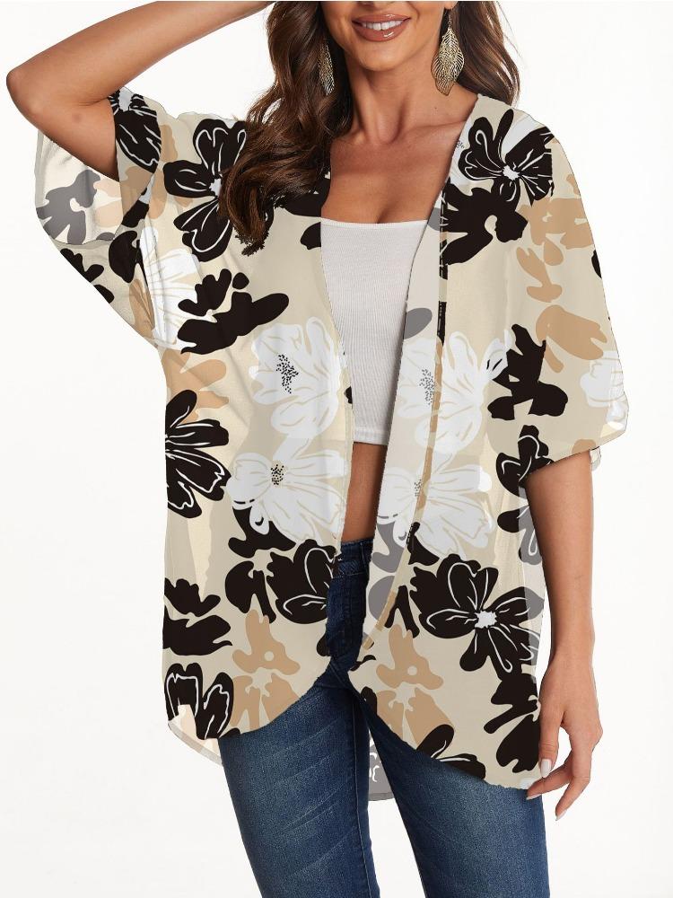 

Women s Sunscreen Cover Shirt Printed Chiffon Top Cardigan 3XL бежевый