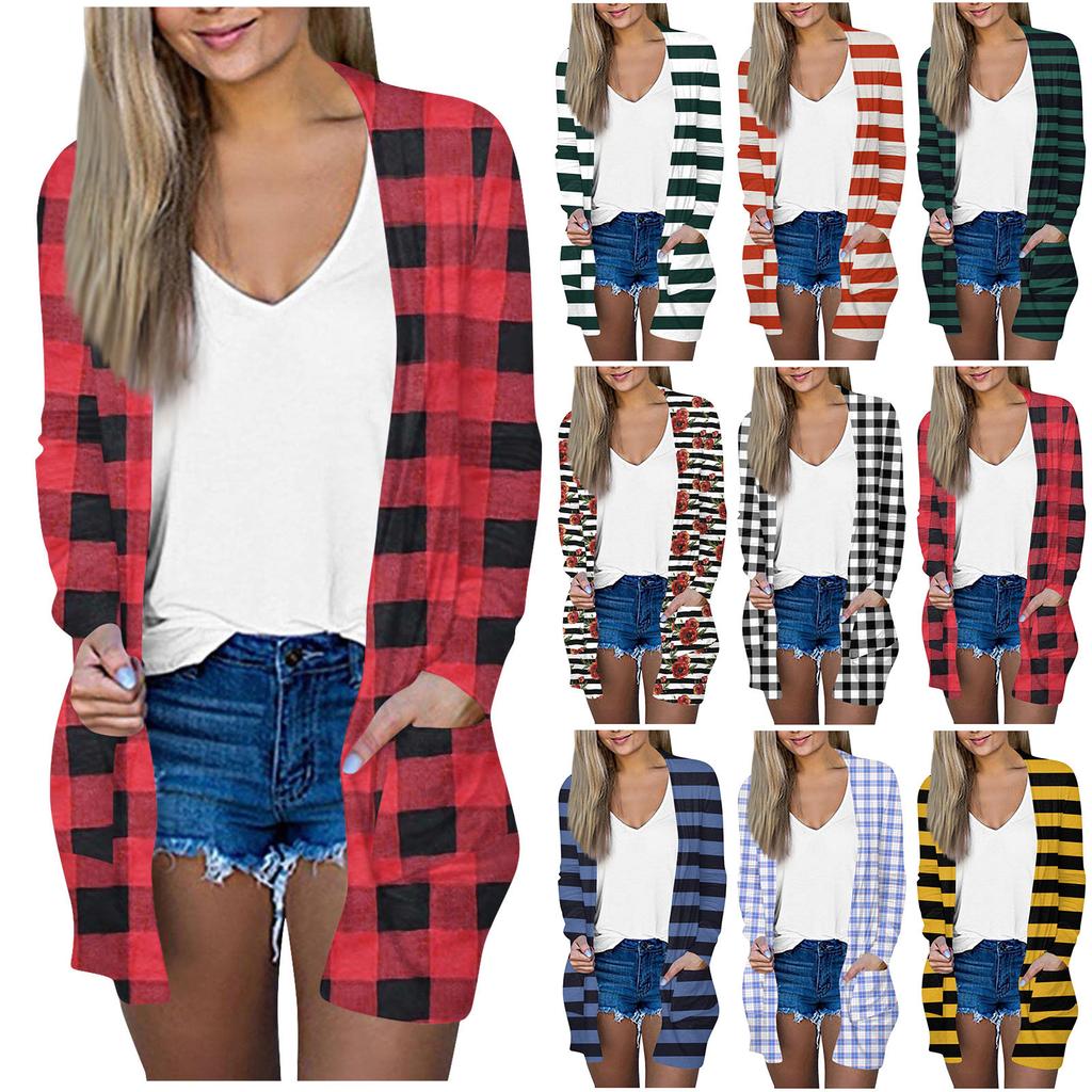 Women's Fashion Loose Casual Long Sleeve Printed Mid-Length Cardigan Jacket Top