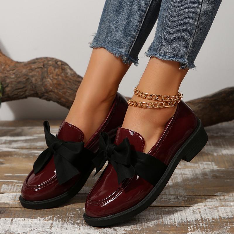 Women’s Large Size Bow Loafers Flat Slip-On British Style Shoes
