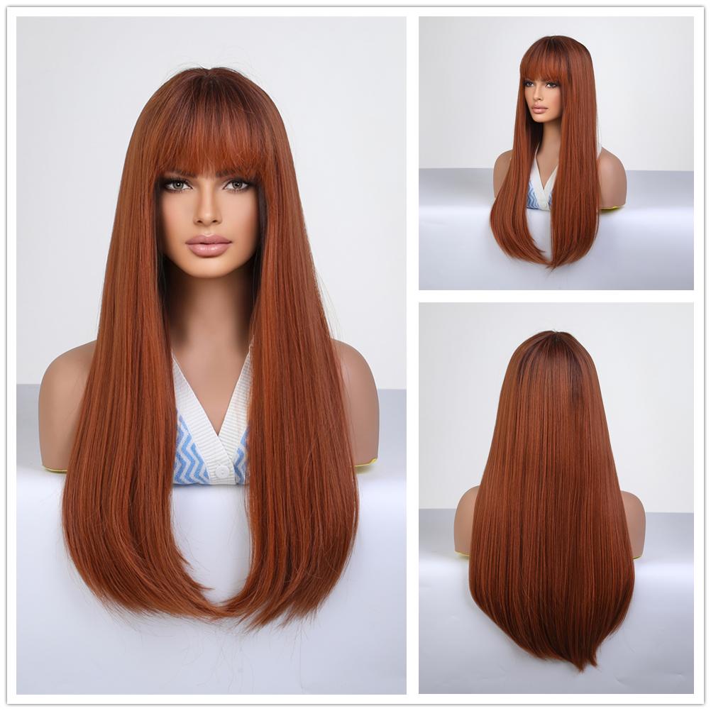 HAIRCUBE Červená rovná syntetická paruka pro ženy Dlouhá přírodní vrstvená paruka s ofinou Cosplay Party Paruka z tepelně odolných vláken