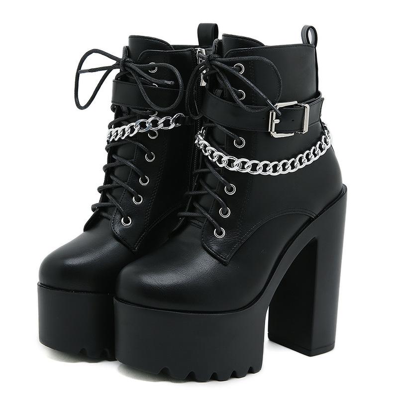 

Women s Chain Decor Block Heeled Ankle Boots Fashion Lace Up Side Zipper Platform Punk Style Chunky High Heels Short Booties 35 чёрный