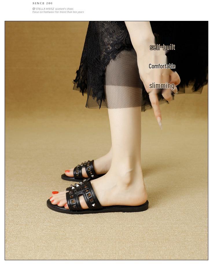 Chic Women's Rivet Slippers: 2025 Summer Fashion, Flat Bottom, Stylish Single Strap for Outdoors & Beach